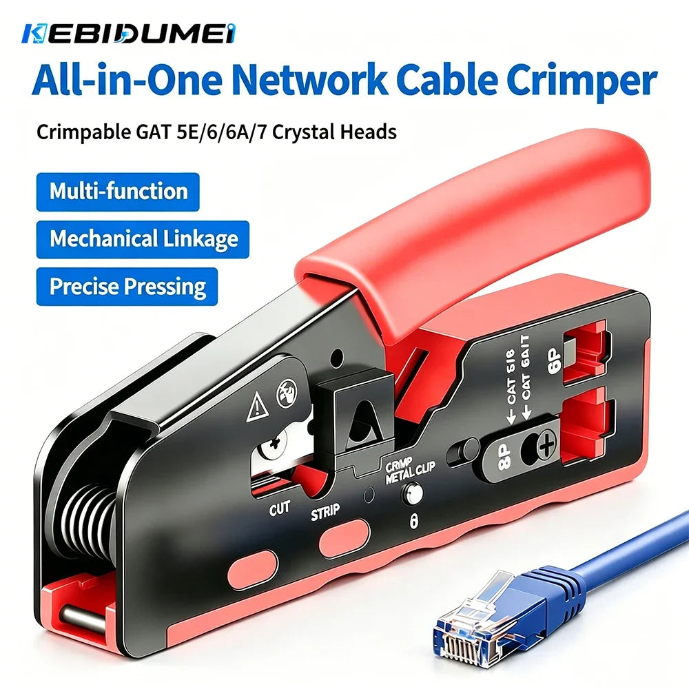 Kebidumei RJ45 Crimp Tool Kit CAT7 Cat6 Cat5 Cat5e 8P6P Crimping Tool Connector Wire Stripping All-in-1 Cable Crimper with Blade