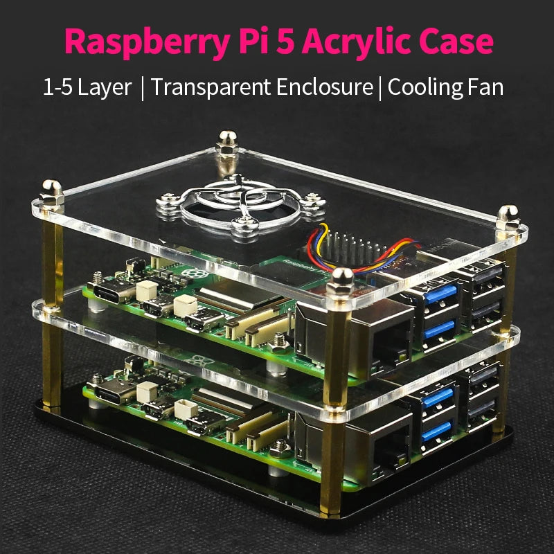 Raspberry Pi 5 Acrylic Case 1-5 Layer Transparent Enclosure PWN Cooling Fan Stackable Plate Shell for Raspberry Pi 5 RPi 5