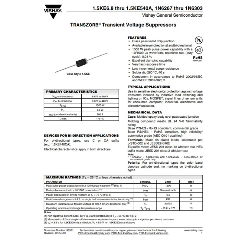1.5KE300A 1.5KE350A 1.5KE400A 1.5KE440A 1.5KE480A 1.5KE510A 1.5KE540A DO-201AD  TVS Series Diode