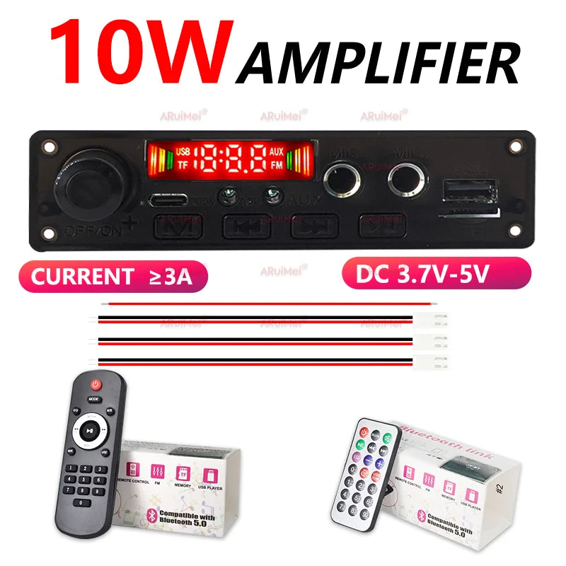 10W Bluetooth Amplifier Board MP3 Decoder Module Dual Channel DC 3.7-5V USB/TF/FM Car Audio Player with Recording Handsfree CalL