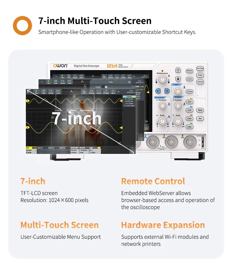OWON ADS800A Portable Digital Oscilloscope 100MHz Bandwidth 1GSa/s 7" TFT-LCD Storage Multimeter Auto Measure USB/PC Connect