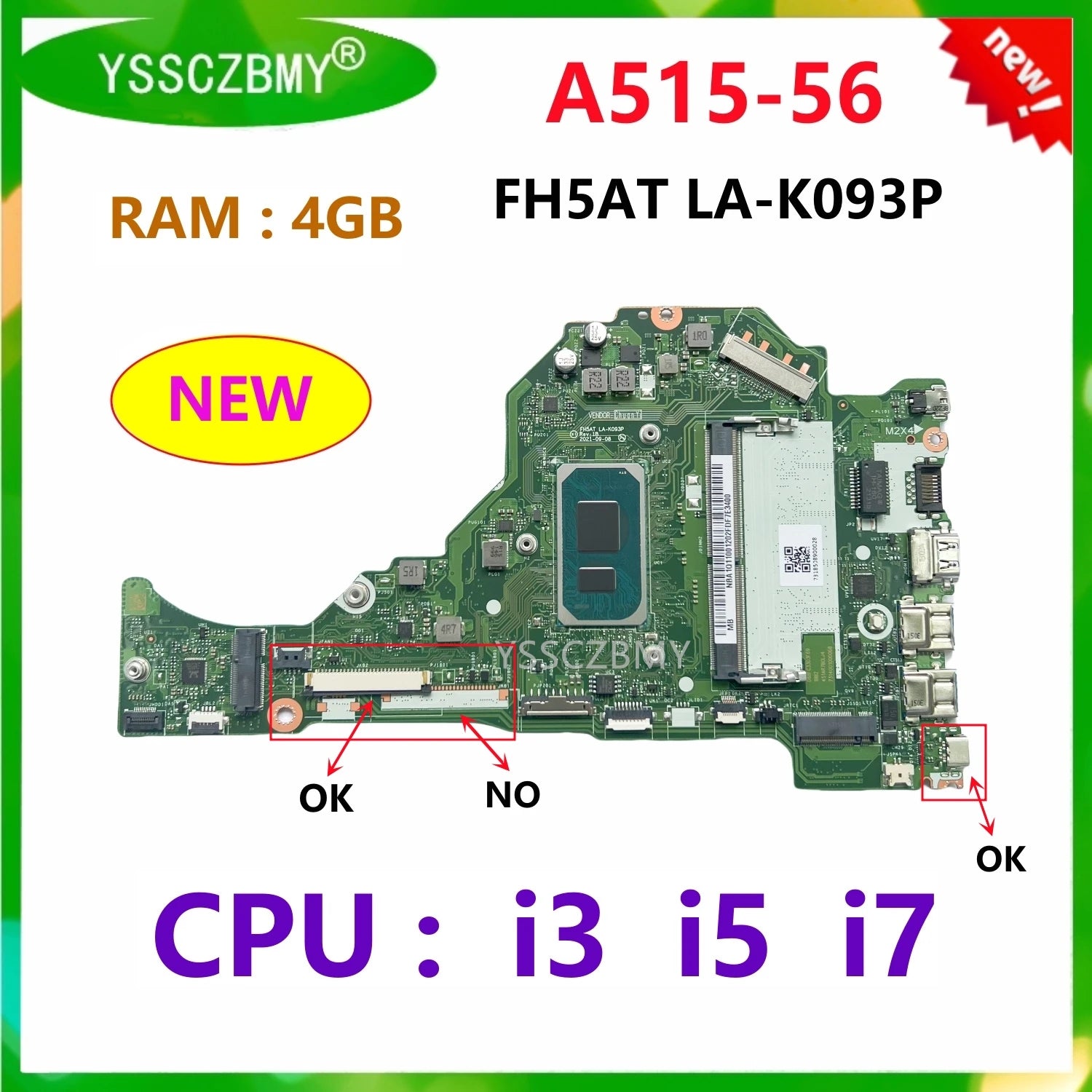 FH5AT LA-K093P Mainboard For Acer Aspire A515-56 Laptop Motherboard With CPU i3 i5 i7 RAM 4GB Test OK