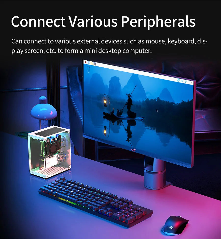 Raspberry Pi 5 Case Protective Kit with Cooling Fan RGB Color Light and 0.96 Screen Display DIY Electronic Shell Support M.2 SSD