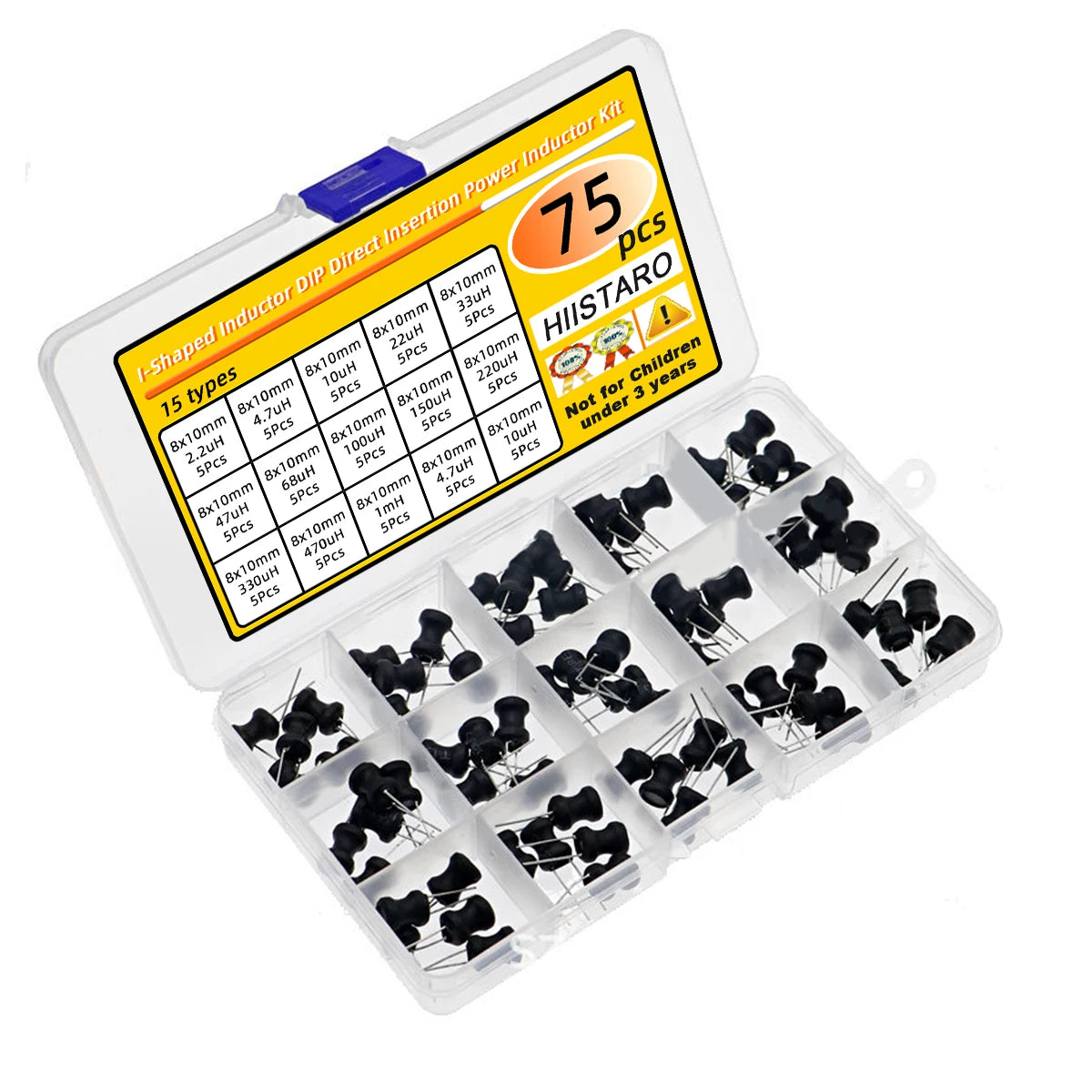 75Pcs 15 Specifications 8x10mm 2.2uH-10mH I-Shaped Inductor DIP Direct Insertion Power Inductor Kit