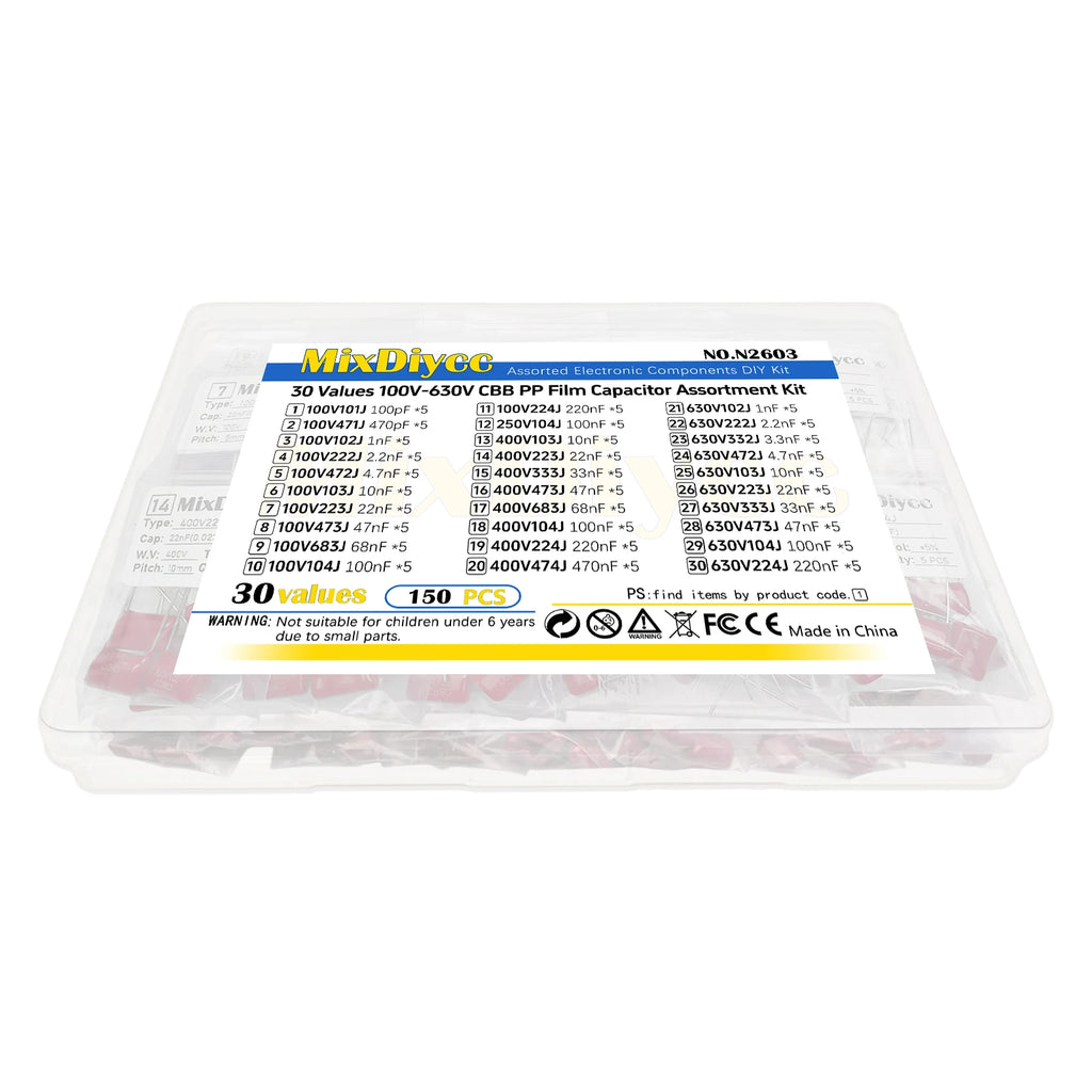 30 Values CBB Polypropylene film Capacitor Kit 100V/400V/630V 471/102/472/103/473/104/224/474 1/4.7/10/100 nF uF Total 150 Pcs