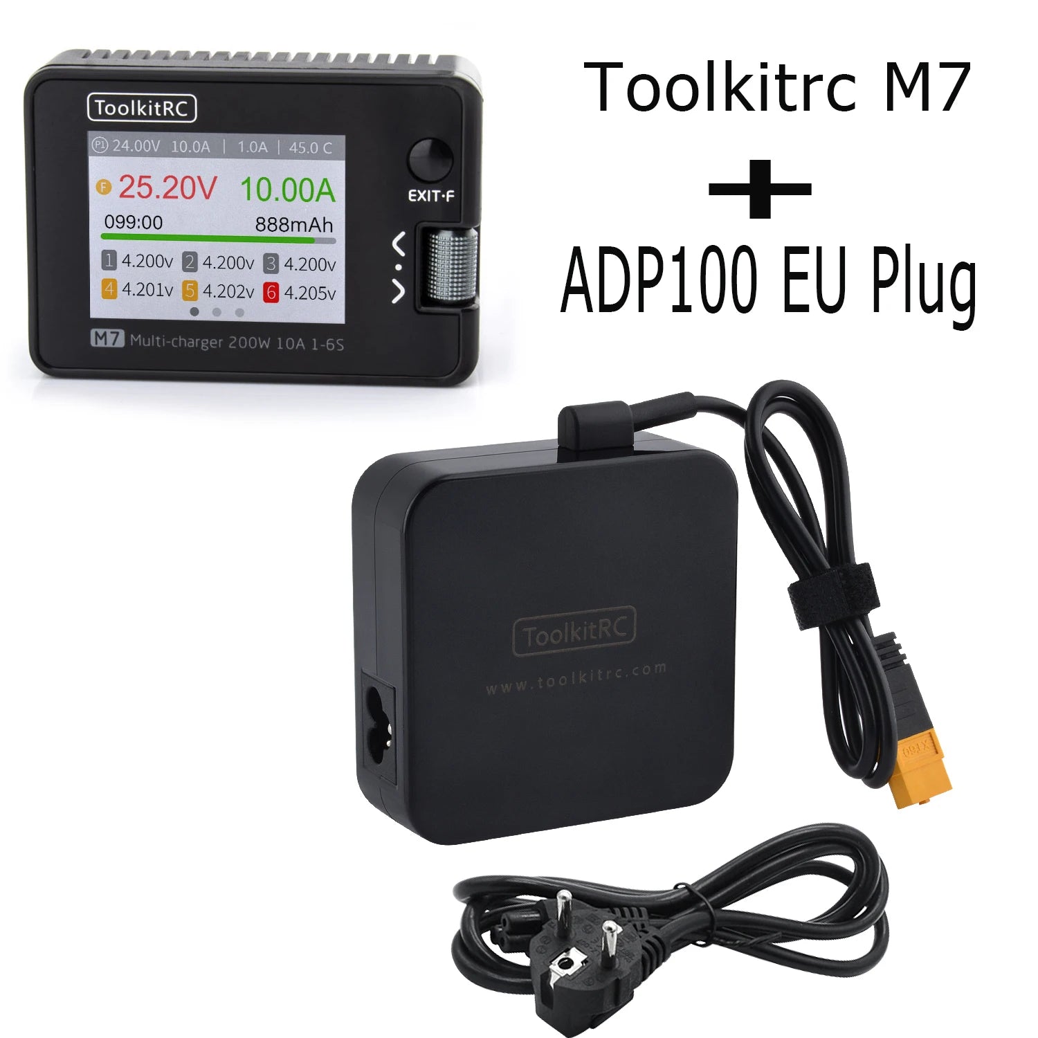 ToolkitRC M7 200W 10A Balance Charger Discharger With ADP100 for 1-6S Lipo Battery Voltage Servo Checker Receiver Signal Test