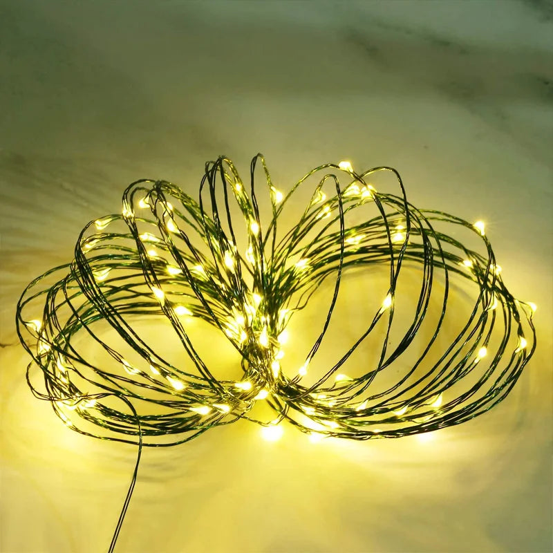 Green Cable LED Christmas String Fairy Lights Garland Outdoor Waterproof For Birthday Party Halloween Garden Room Decoration