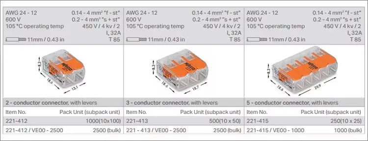 10/30/33pcs Original WAGO 221-412 221-413 221-415 Quick Wiring Terminal 0.14-4mm² AWG24-12 2/3/5 Holes 450V Lever Wire Connector
