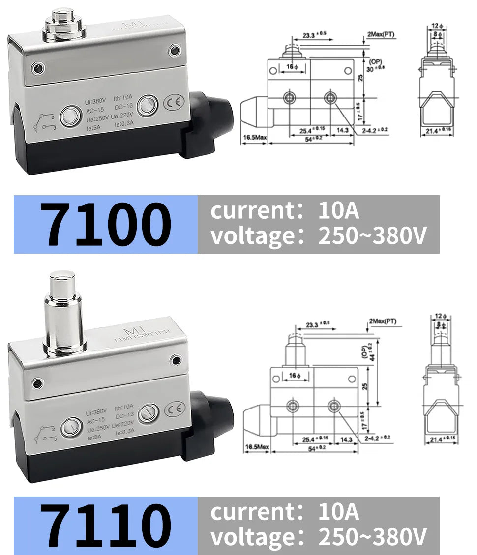 10Pcs Horizontal Limit Switch Long Hinge Roller Lever Momentary SPDT 1NO 1NC 380V 10A Industrial Travel Position Switch IP54
