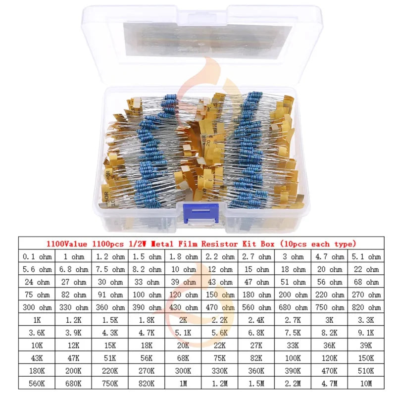 1100Pcs 110Value x 10pcs 0.5W 0.1ohm -10M 1/2W Metal Film Resistors Assortment kit set pack