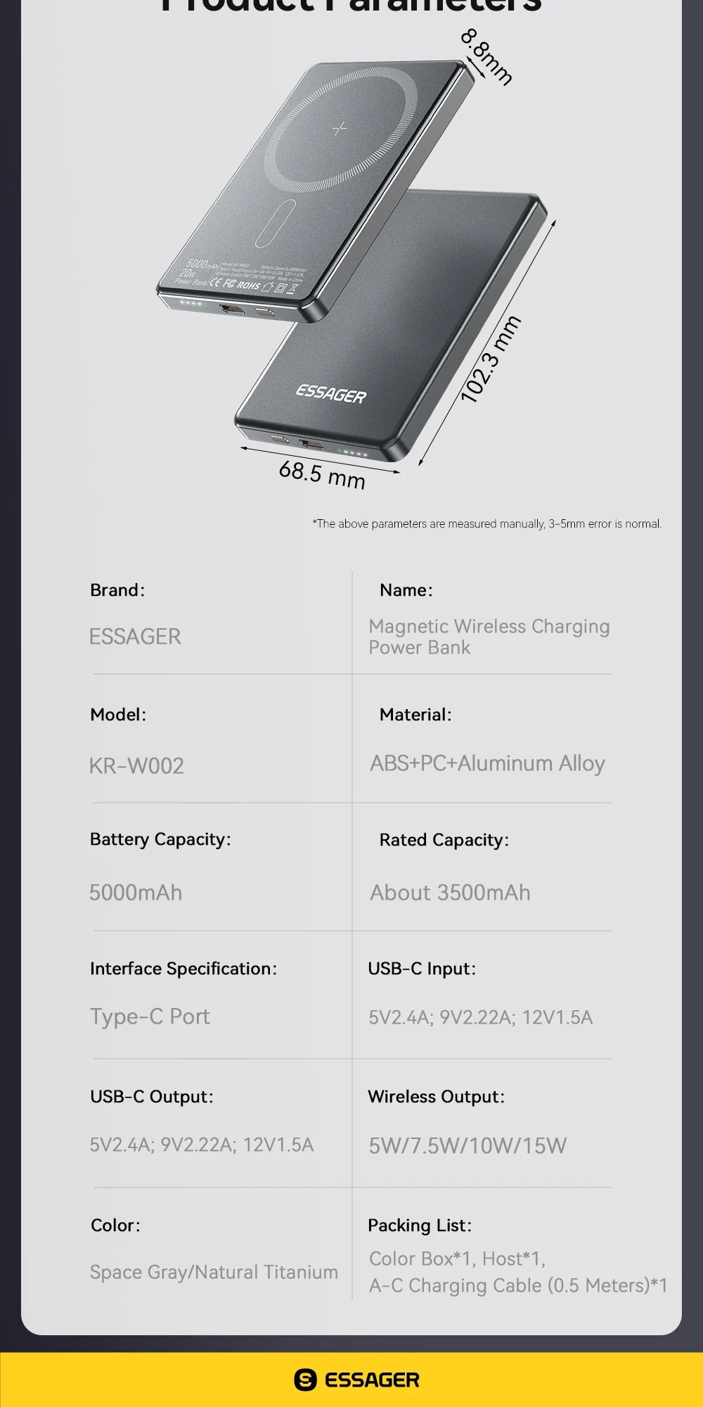 Essager Thin Wireless Power Bank Magnetic 20W 5000mAh Portable Fast Charging External Battery for Magsafe For iPhone 17 16 15 14