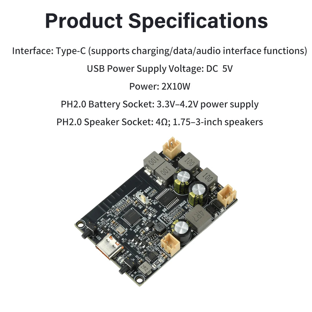 TWS Bluetooth Amplifier Module 2*10W Dual Channel Bass Enhancement Algorithm Amplifier Board Type C for DIY Audio Projects