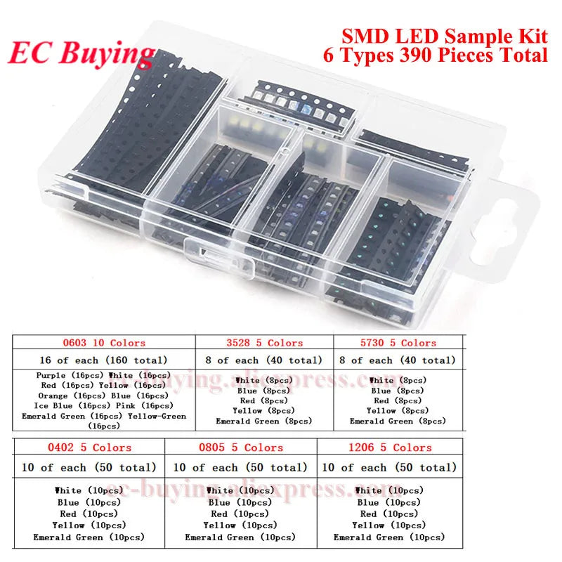 390Pcs/50pcs 0402 0603 0805 1206 3528 2835 5050 5730 SMD LED Kit Diodes Light Emitting Chip Surface Mount Diodo Red/Green/Blue