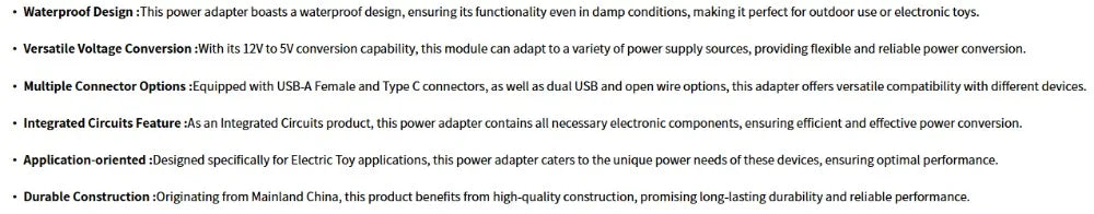 12V 24V to 5V 3A DC Converter Step Down Module USB Female Dual USB Type C Open Wire Connector Power Adapter ROHS Certified
