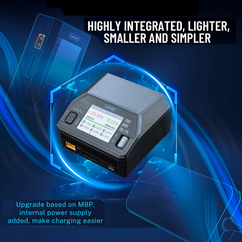 ToolkitRC M8AC Smart Lipo Battery Charger Discharger AC 200W DC 600W 20A for 1-8S LiHV Lipo Battery PD 65W FPV Model Parts Car