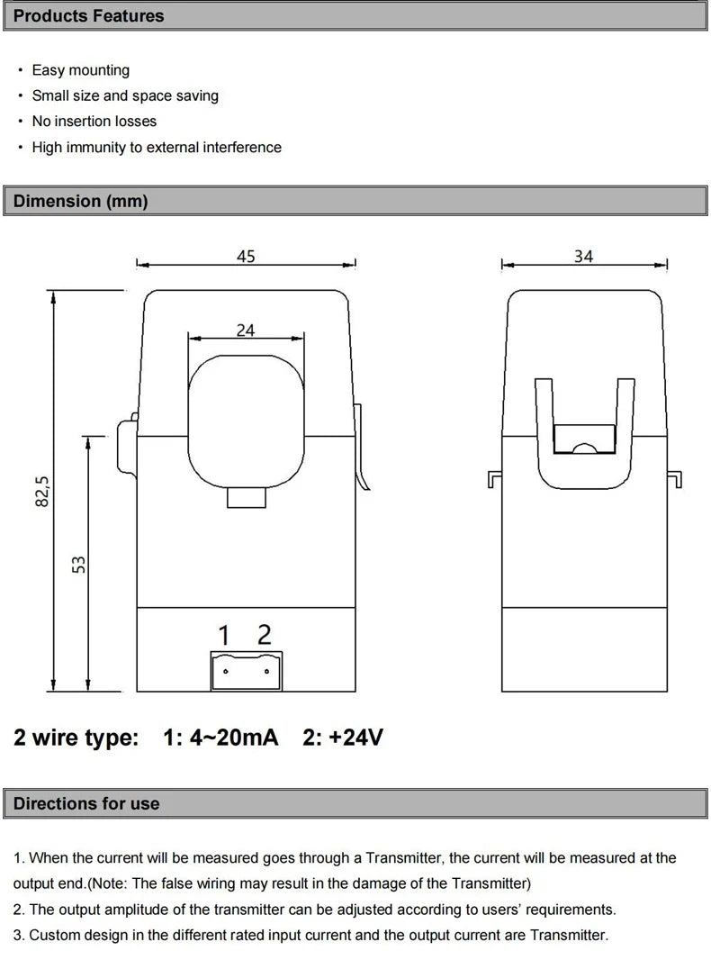 Split Core Current Transmitter QNDBK2-16 AC 10A 20A 50A 100A 4 20mA CT Clamp Hall Effect Current Transformer Sensor 4-20mA