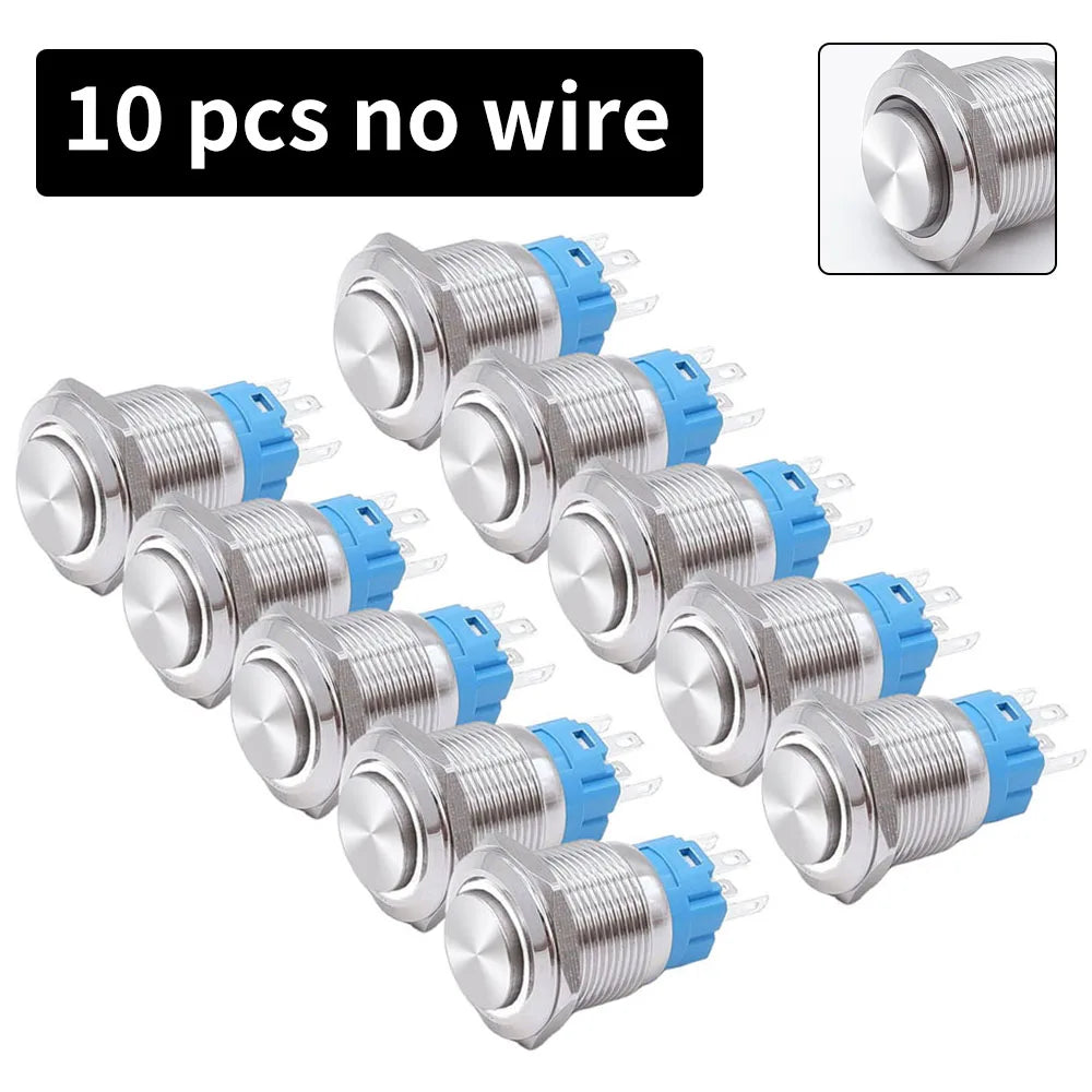 10 pcs  Latching Push Button Switch Metal Shell 16/19/22mmWaterproof Power Symbol Pattern Self-Locking Momentary Fixed 1NO 1NC