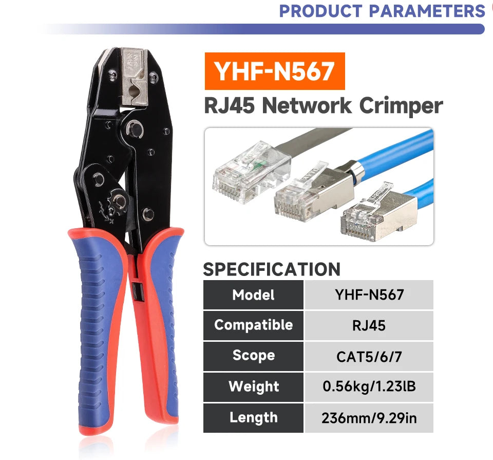 RJ45 Crimping Tool for Cat5/Cat6/Cat7 Ethernet Cables YHF-N567 Pliers Ratcheting for Precise Effortless Network Cable Crimping