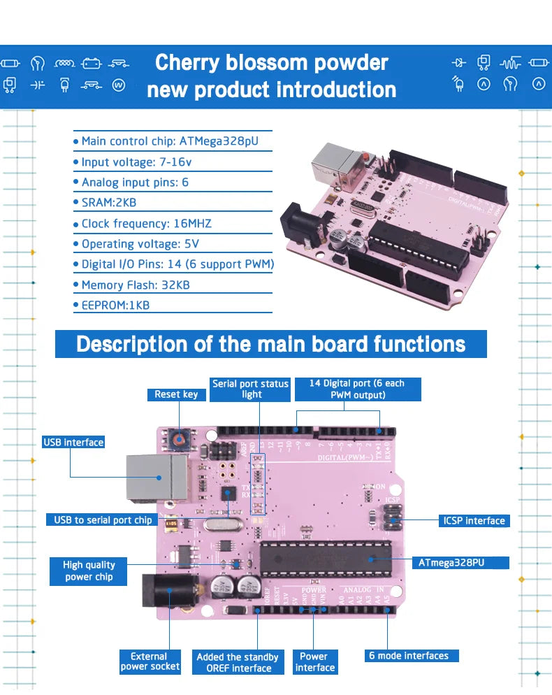 Compatible with Arduino Uno R3 Development Board ATmega328P Microcontroller Module Main Control Board Multicolor USB-B Cable