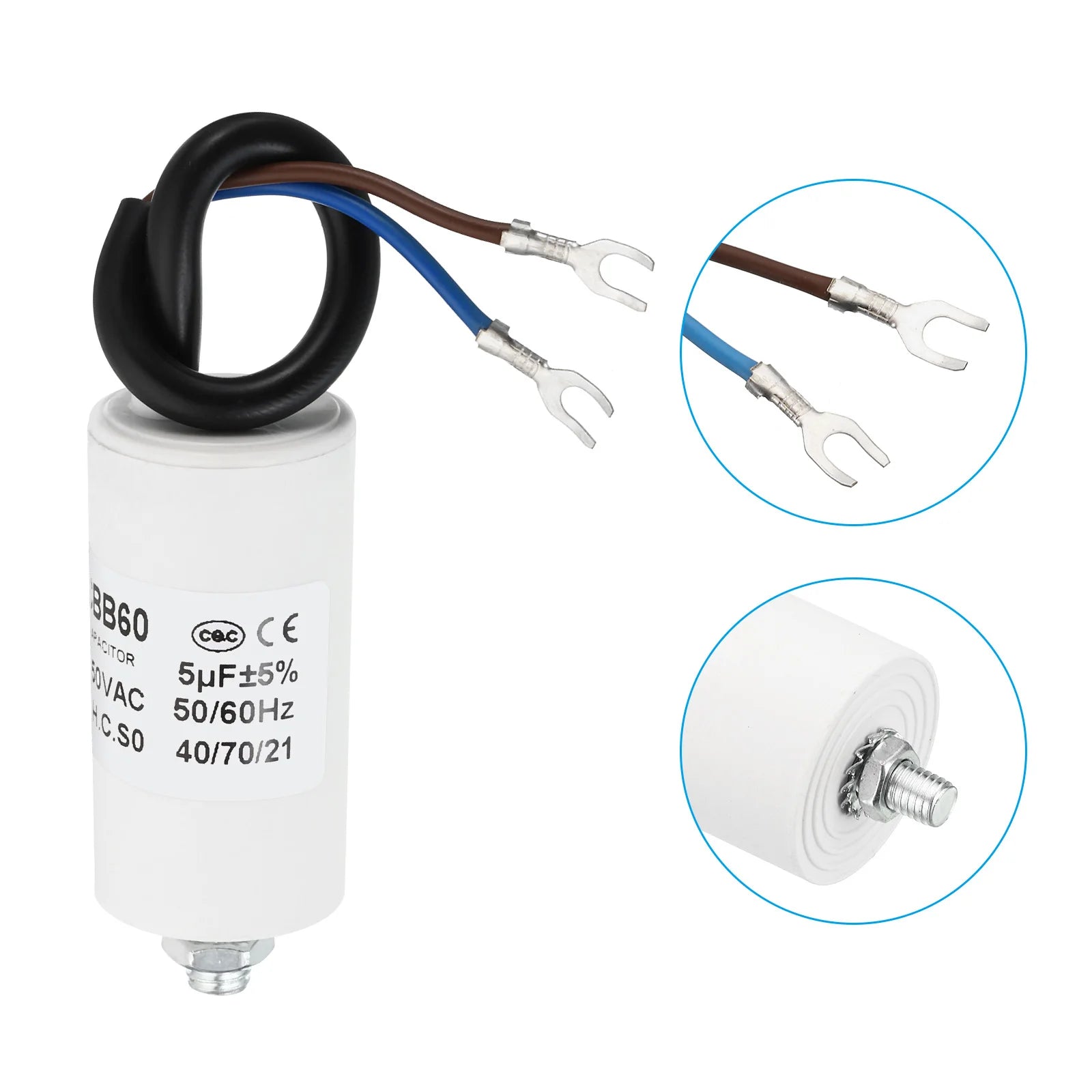 5-22uf CBB60 Run Capacitor AC 450V U Terminal Wires 50/60Hz Cylinder Bottom with M8 Screw for Washing Machine Pump Motor Star