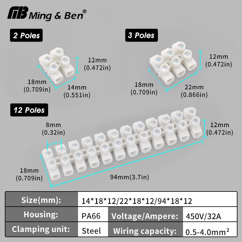 12 Position Barrier Screw Terminal Block 450V/32A PA66 Fire-Retardant Wire Connector 0.5-4mm² for Industrial Electrical Projects