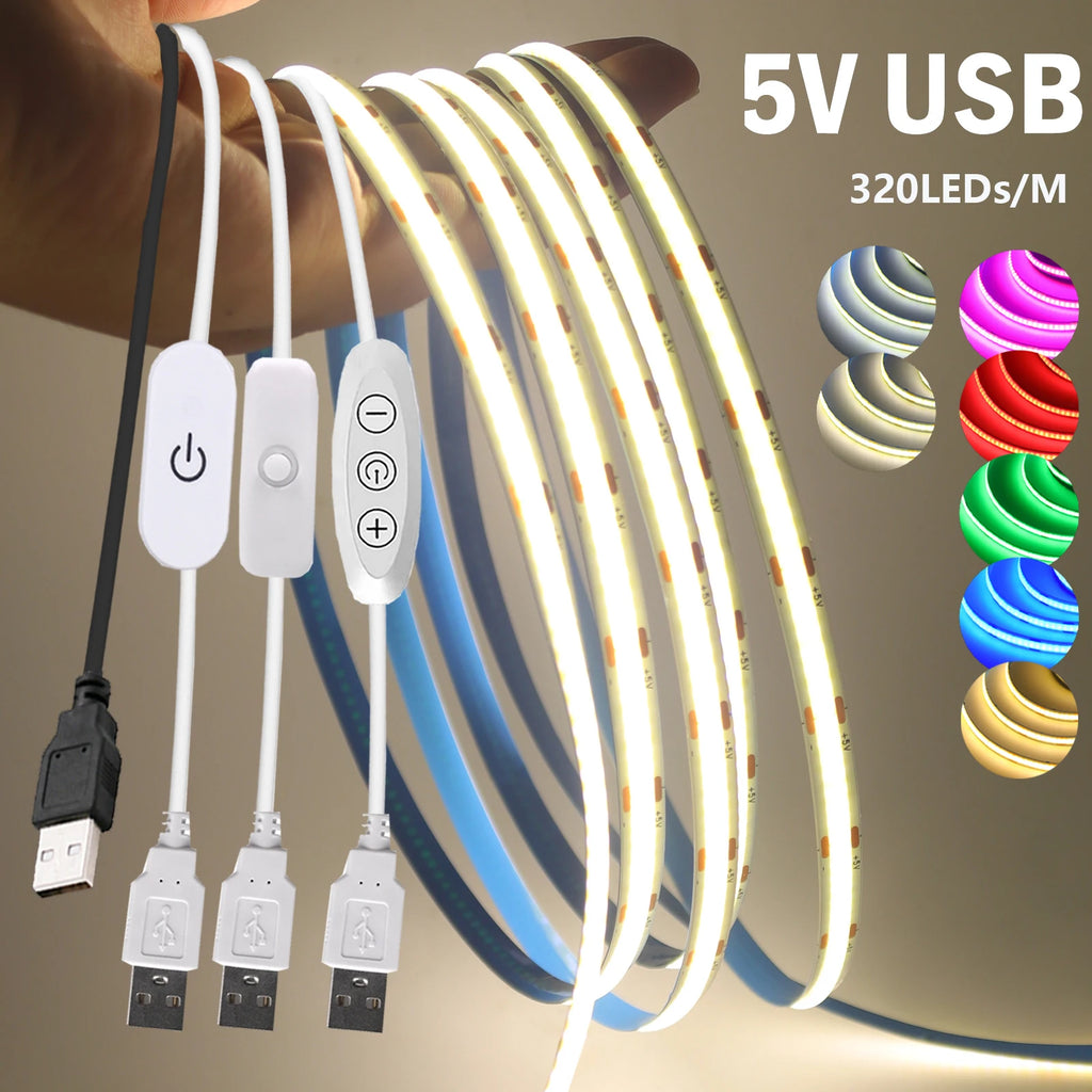 5V USB COB LED Strip Light 3Keys Touch Dimmable ON/OFF Switch Bright Red Green Blue Warm White 320LEDs Flex Ribbon Tape 8mm PCB