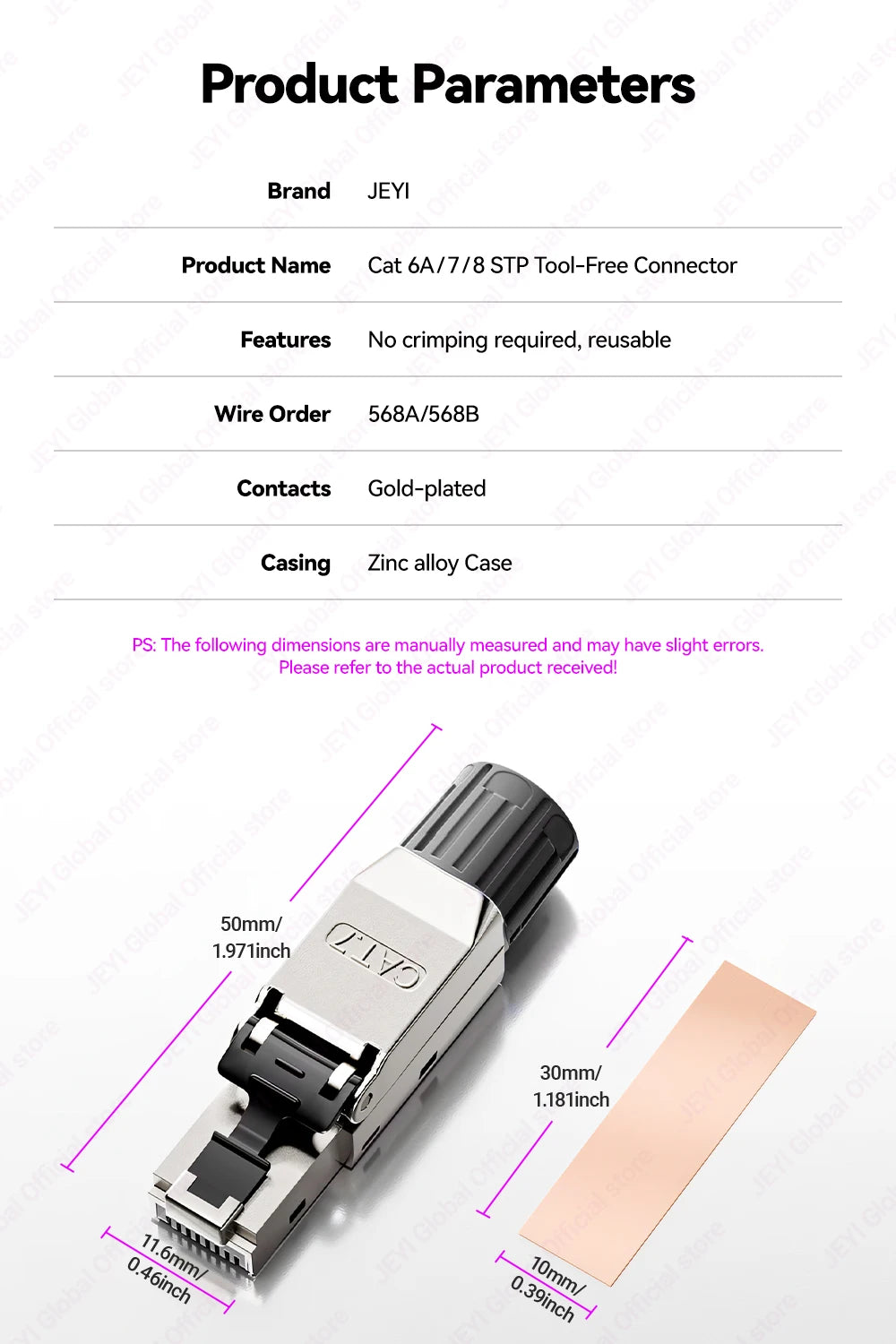 JEYI CAT8/CAT7/CAT6A RJ45 Toolless Ethernet Cable Connector 40Gbps/10Gbps Shielded Network Cable Plug for 22-24AWG STP Lan Cable