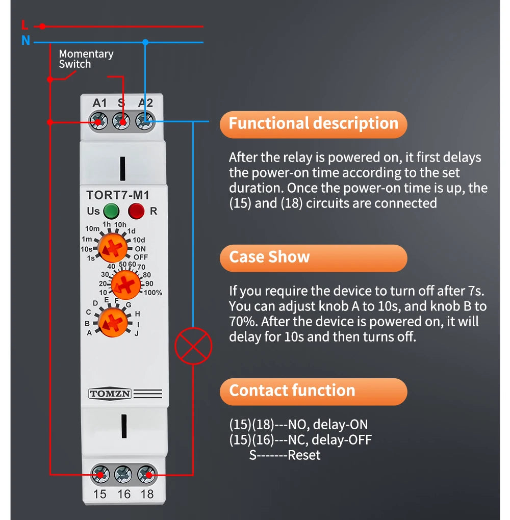 TORT7 Series 10-in-1 Multi-Function Time Relay | ON Delay / OFF Delay / Asymmetric Cycle / Pulse & Interval Timer, 0.1S–10D