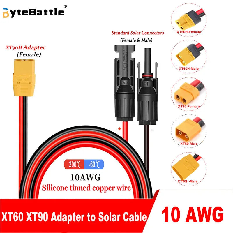 XT90 to Solar Connector Cable 10AWG XT60 Male to Female Silicone Extension Cable For Remote Battery Solar Portable Power Station