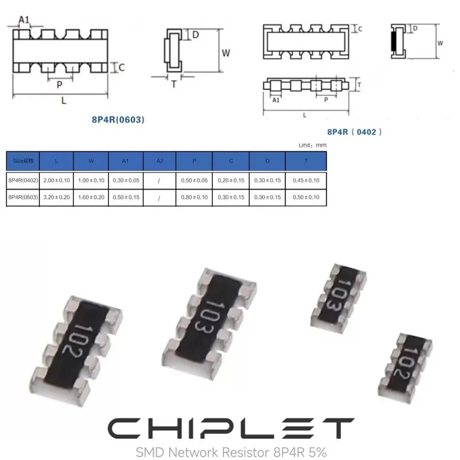 ROW Resistor 0402x4 SMD Network Resistance 0402 8P4R 0Ω To 2MΩ 51Ω 100Ω 330Ω 2KΩ 10KΩ 220KΩ 15Ω 36Ω 68Ω 200Ω 680Ω 5.1KΩ 47KΩ 1MΩ