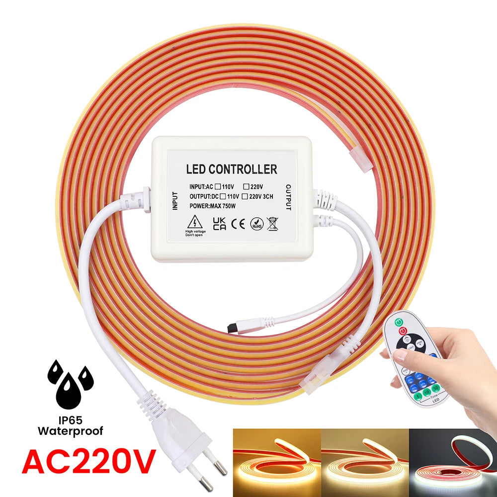 Dimmable COB LED Neon Light Strip Remote Power Kit Wifi Bluetooth Wall Touch 220V 23key Controller 288LEDs/m IP65 Flexible Lamp