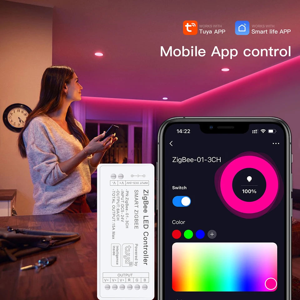 WiFi LED Strip Lights Switch LED Controller Zigbee 3.0 DC5V-24V Tuya CCT RGB RGBW RGBCCT COB Neon Tape Dimmable Smart Dimmer