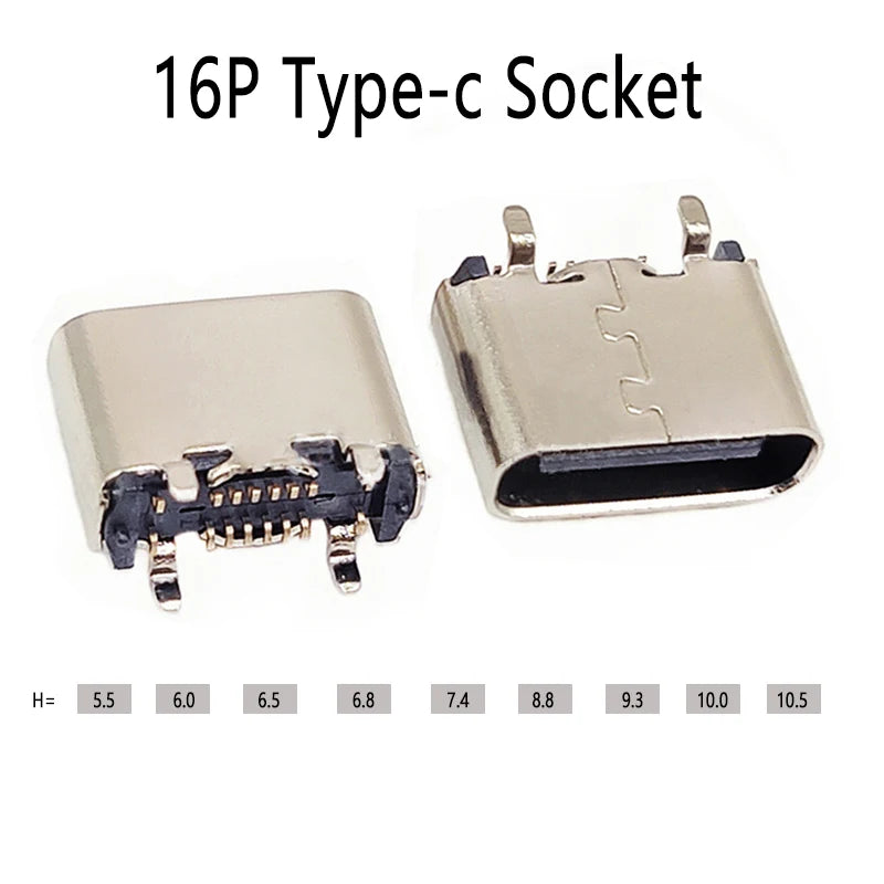 2pcs USB TYPE-C16P Female Socket 180 Degree Vertical USB C Type C 4 Legs SMD DIP Charging Port Connector 5.5mm 6.4mm 6.5mm 7.4mm