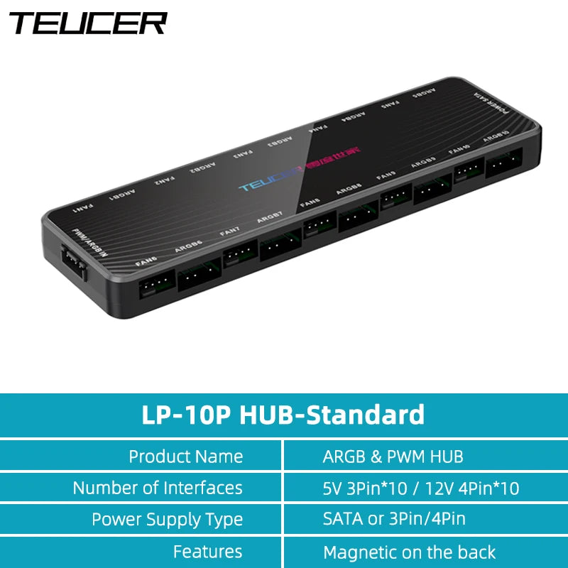 TEUCER LP-10P 12V 4Pin PWM & 5V 3Pin ARGB with SATA 10 Way Sync Fan Hub PC Cooling Fan Addressable RGB Lighting Splitter