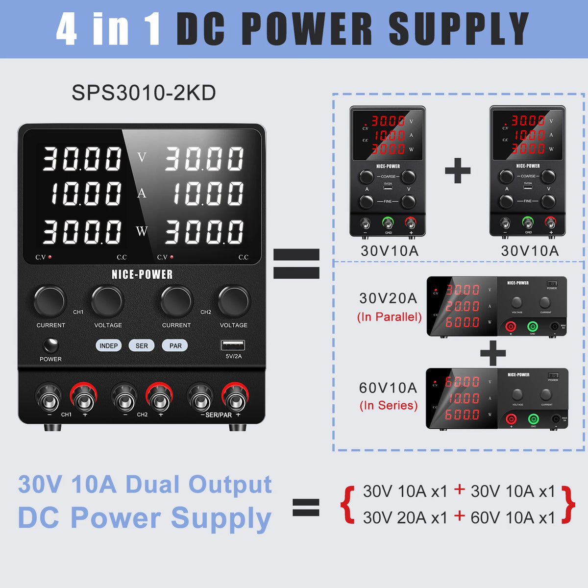 NICE-Power Dual Lab Power Supply 30V 10A Adjustable 3 Channel 60V 120V 240V Digital Bench Power Source Multiple Series Parallel