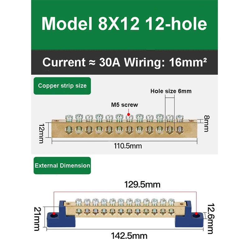 019 Series 6*9 8*12 4/6/8/10/12/14/16 Hole Zero Ground Row Copper Bar Connection Terminal Wiring Terminal of Distribution Box