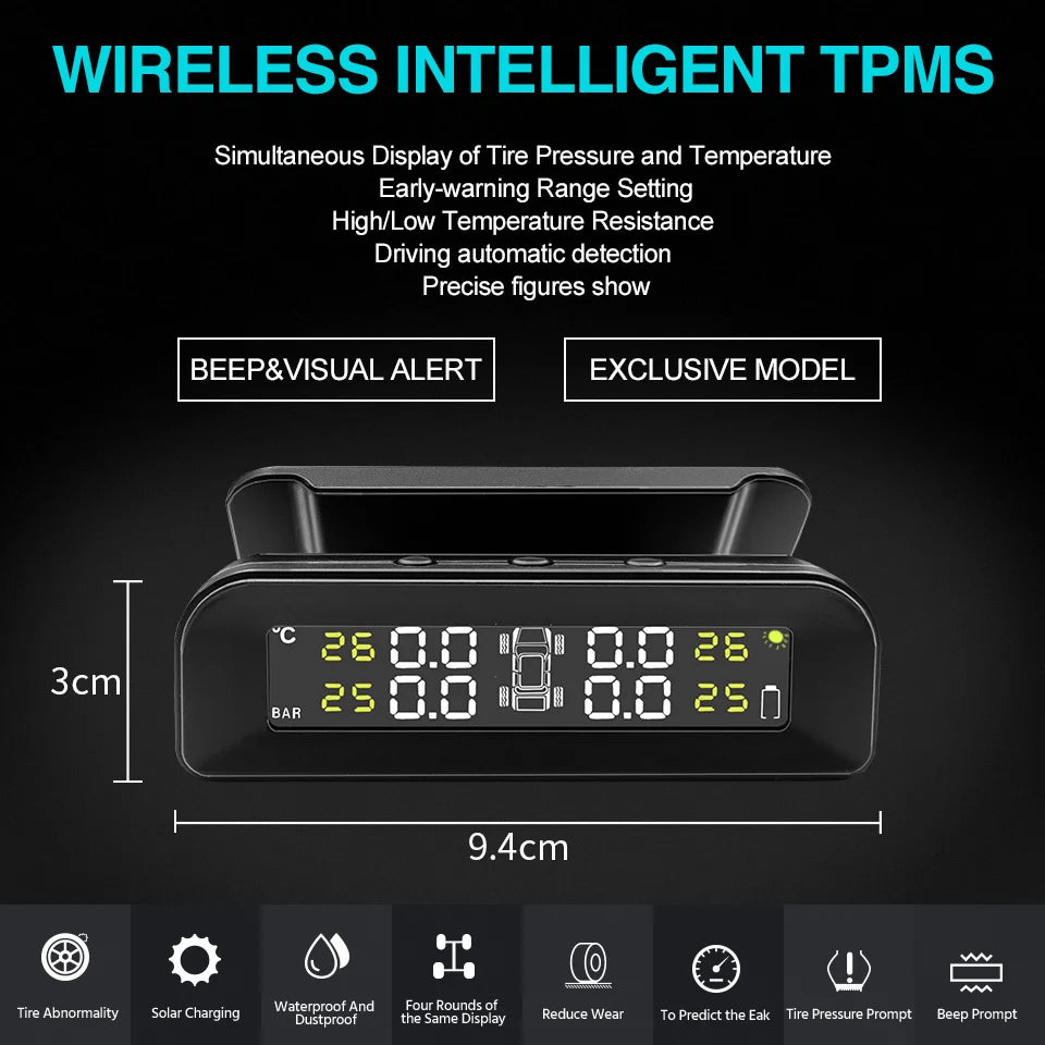 E-ACE K07 TPMS Solar Sensor Intelligence Wireless Tire Pressure Monitoring System Temperature Warning With 4 Sensors
