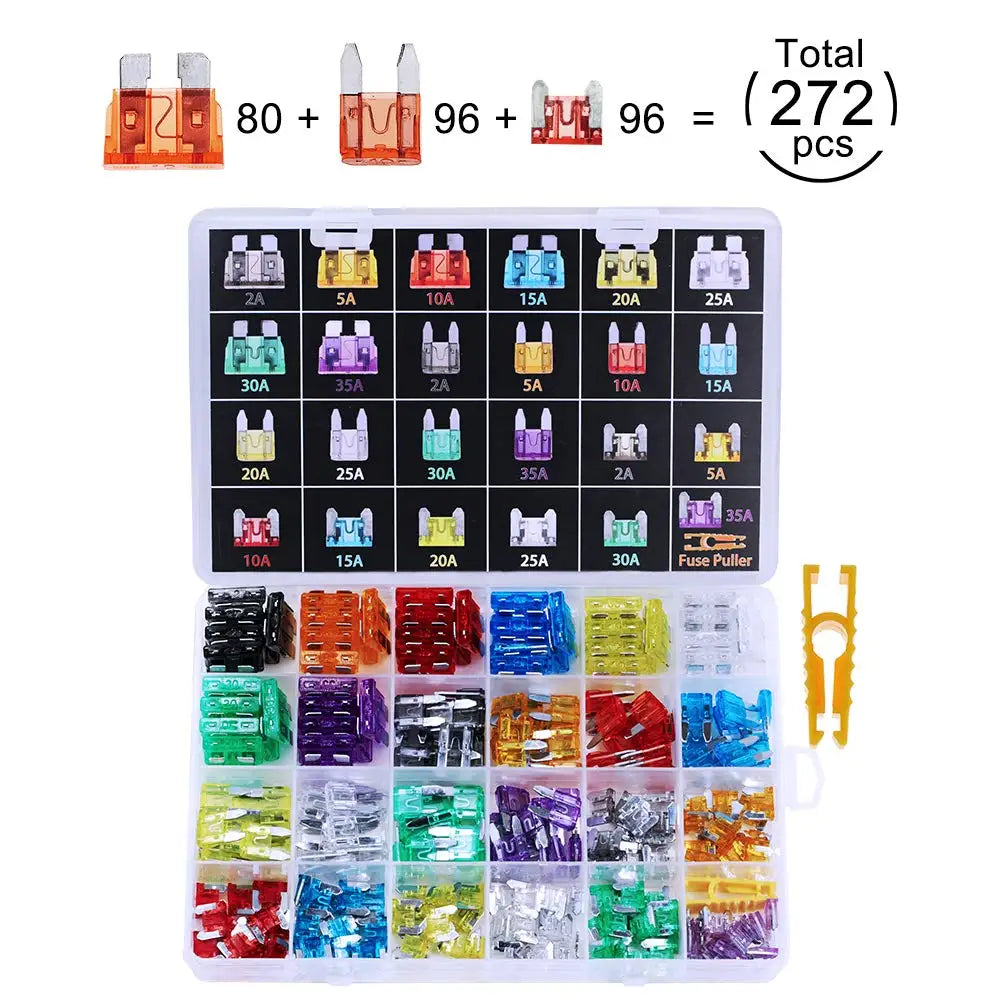 272pcs Standard & Mini & Low Profile Mini Blade Fuse Assortment, 2A 5A 10A 15A 20A 25A 30A 35A Replacement Fuses for Car Boat