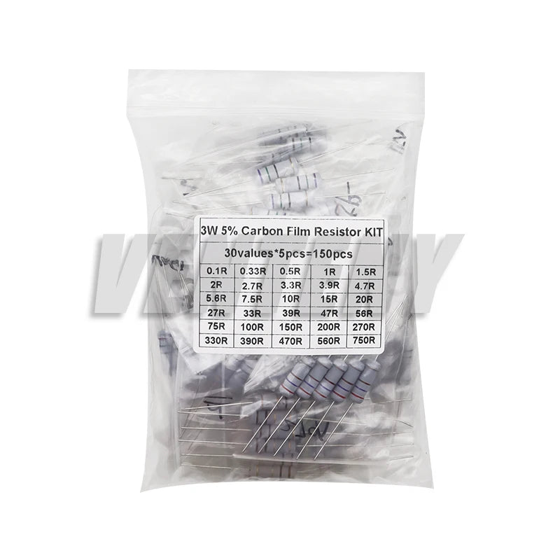150PCS/300PCS 1W 2W 3W 5W 30Values Carbon Film Resistor Assortment Kit 5% Resistance Set 0.1R-750R 1K-820K ohms DIY Pack
