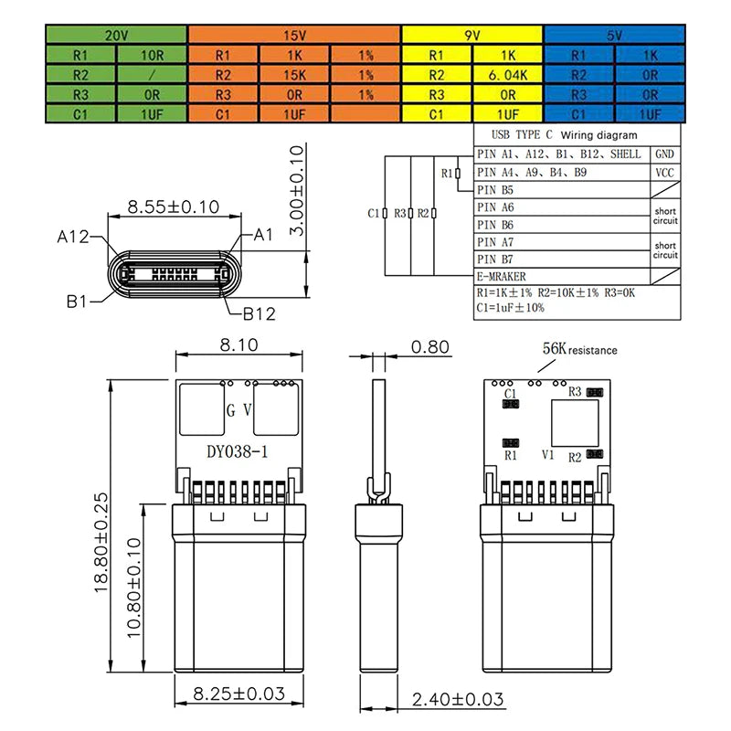 5A PD/QC Decoy Board Fast Charge 5V 9V 12V 15V 20V Module PD 2 3.0 DC Trigger Cable USB Type-C Male Plug QC4 Charge Connector