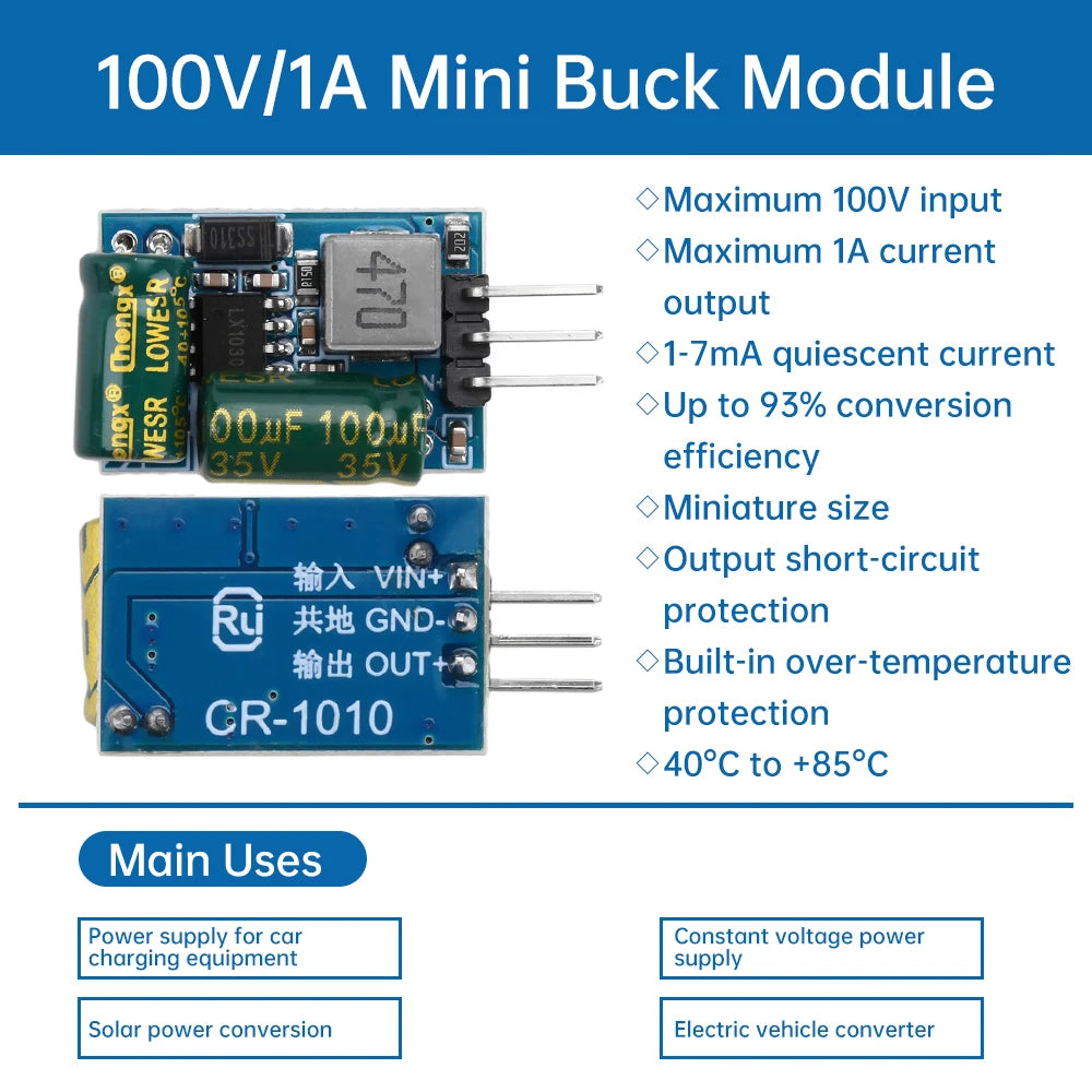 DC10-100V Step Down Power Module 24V 36V 48V 60V 72V to 3.3V 5V Buck Converter High Current 1A High Voltage Resistance