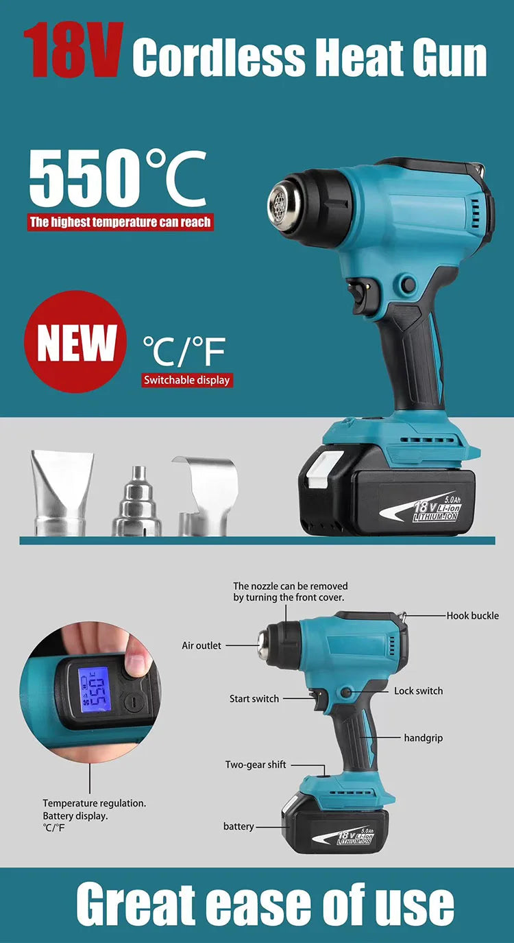 18V Cordless Heat Gun Shrink Wrapping Tool Hot Air Gun Air Dryer Soldering Thermal Blower with LED display, No battery