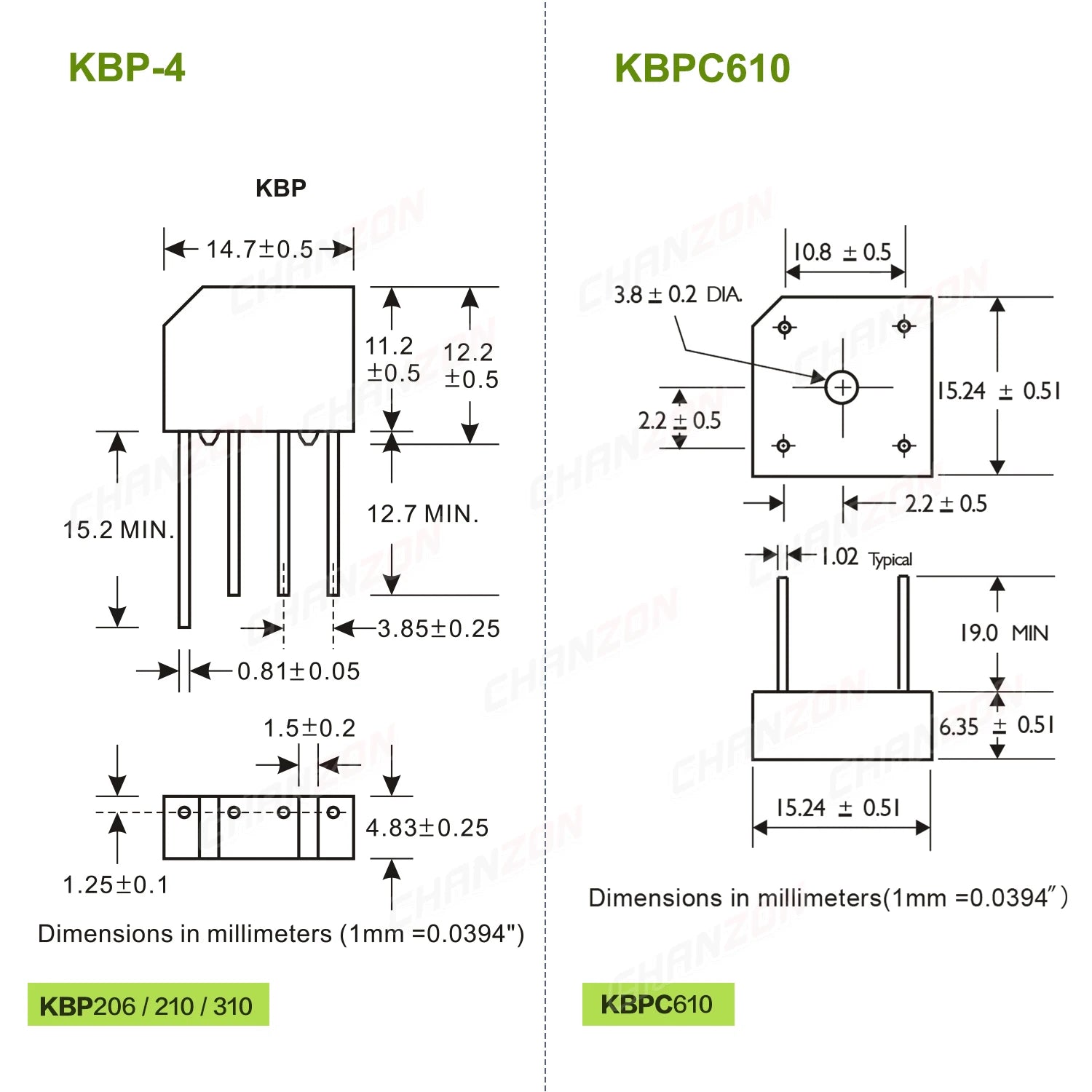 KBP206 KBP210 KBP310 KBL406 KBL410 KBL608 KBL610 GBU406 GBU806 GBU808 GBJ2510 DB107 KBPC610 Diode Bridge Rectifier 800V 1000V