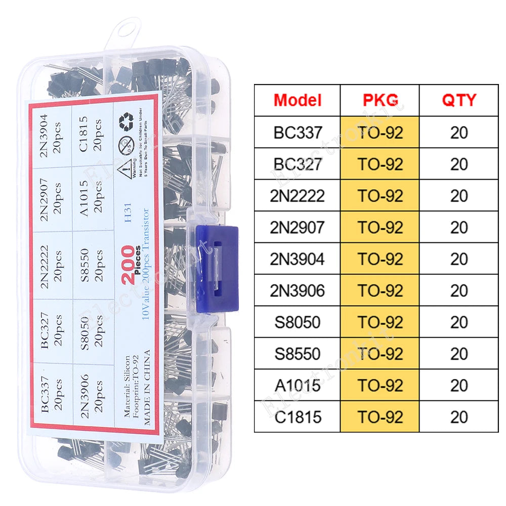 SOP-23 SOP-223 TO-252 TO-92 TO-92L TO-126 TO-220 Mosfet Triode Thyristor Voltage Regulator PNP/NPN Transistor Assortment Kit