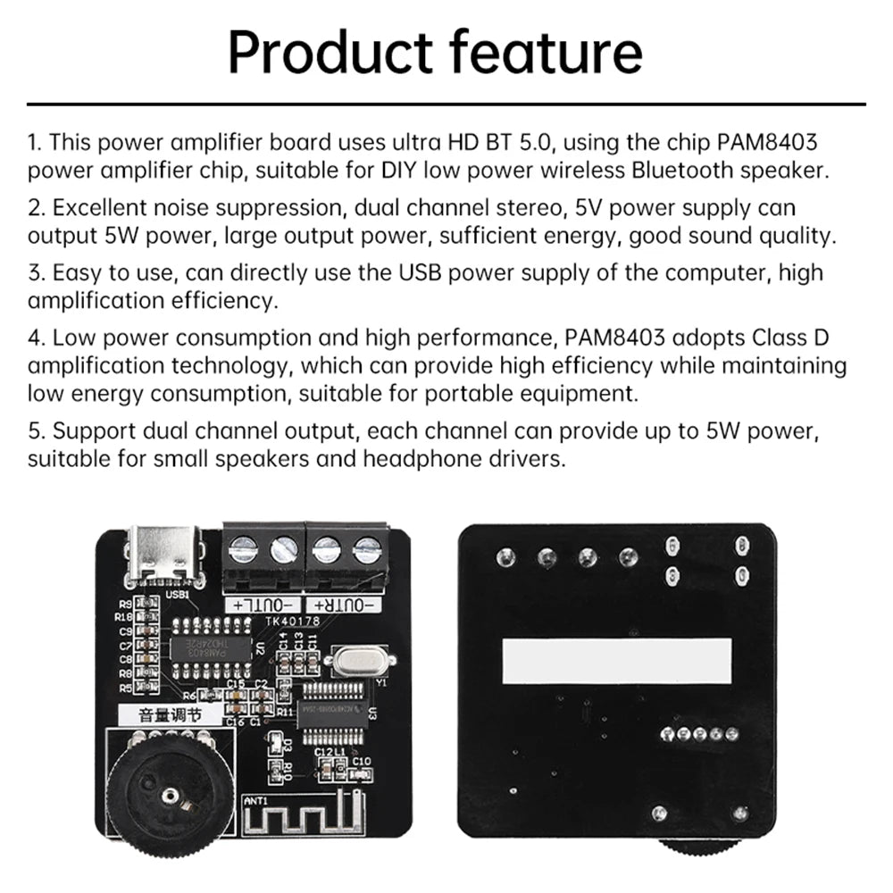 XH-A164 PAM8403 Digital Bluetooth Amplifier Board 5V Type-C 5W+5W Dual Channel Audio Amp for DIY and Car Speaker Subwoofer