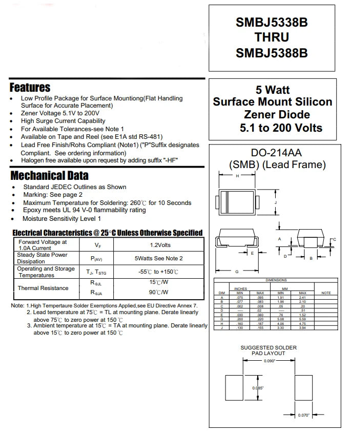 20PCS SMBJ5347B SMBJ5348B SMBJ5349B SMBJ5350B SMBJ5351B SMBJ5352B SMBJ5353B SMBJ5354B SMBJ5355B Zener Diodes 5W ZENERS SMB