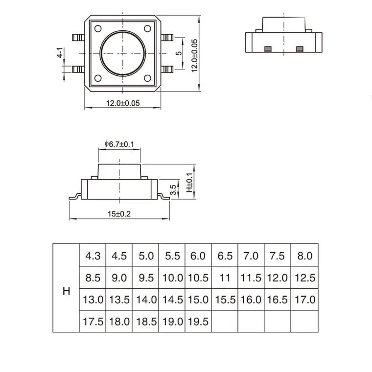 10-Piece 12X12mm H=11.5/12/12.513/13.5/14/15/16/17MM 4PIN DIP SMT Momentary Tactile Tact Switch Push Button Key Button Black