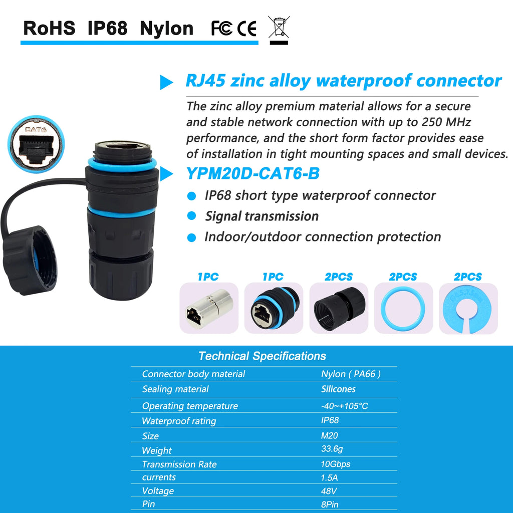 M20 RJ45 Zinc Alloy Connector Ethernet Network Straight-through Waterproof IP68 Header Panel Outdoor Broadband Network Cable
