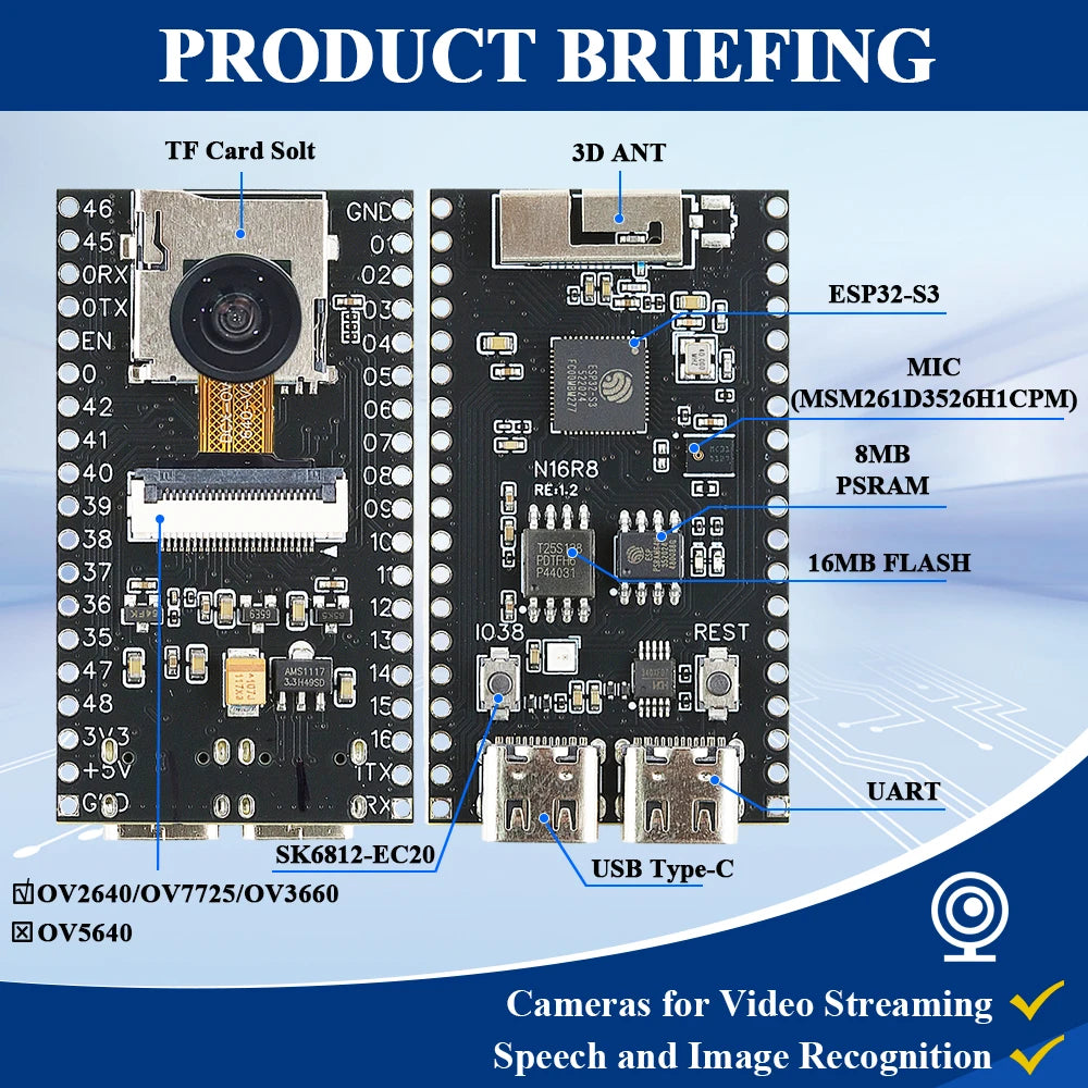 ESP32-S3 Development Board 2.4G Wifi BT Module with MIC OV2640 Camera Module NEW ESP32S3 N16R8 CAM 8MB PSRAM 16MB FLASH