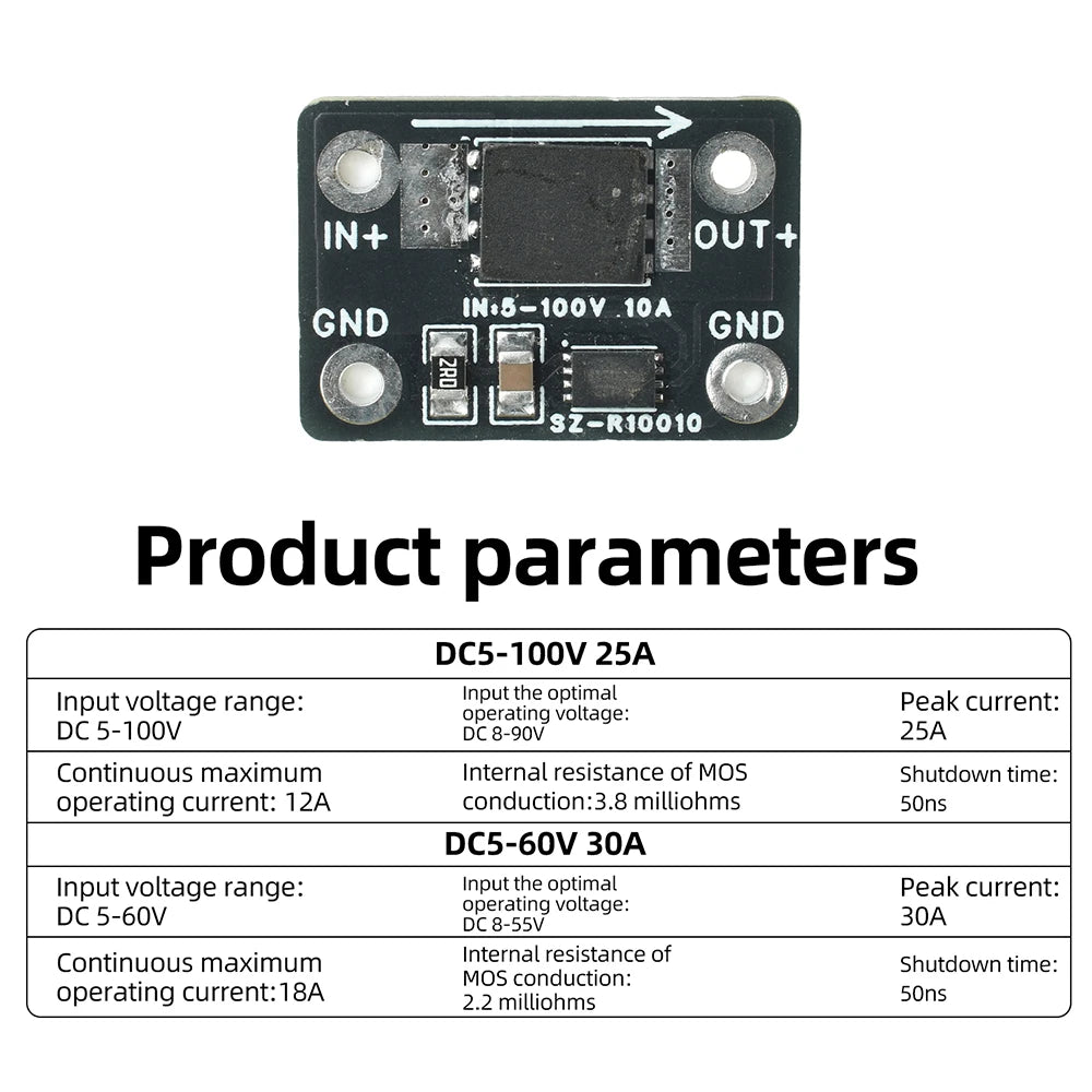 Ideal High-Current Diode Module 25A/30A DC 5-60V/DC 5–100V Solar Backfeed Protection Battery Reverse Connection Protection